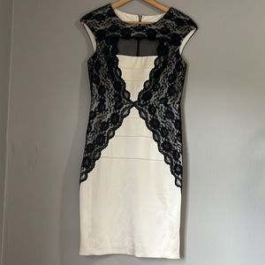 JAX Cocktail Dress Ivory & Black Lace Bodycon Stretch Midi Dress
